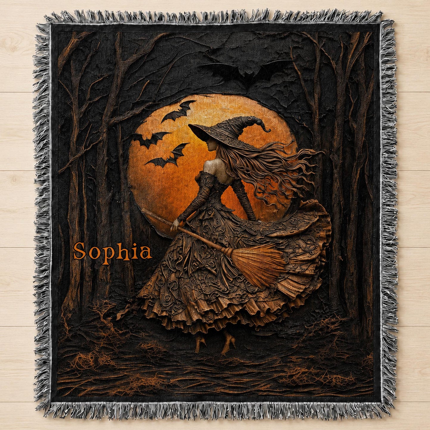 Mystical Witch Soaring Through The Moonlit Forest With Bats And Broomstick - Personalized Woven Blanket - HALW178_WOBLK