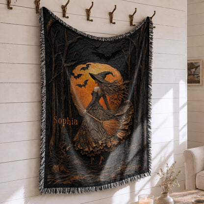 Mystical Witch Soaring Through The Moonlit Forest With Bats And Broomstick - Personalized Woven Blanket - HALW178_WOBLK
