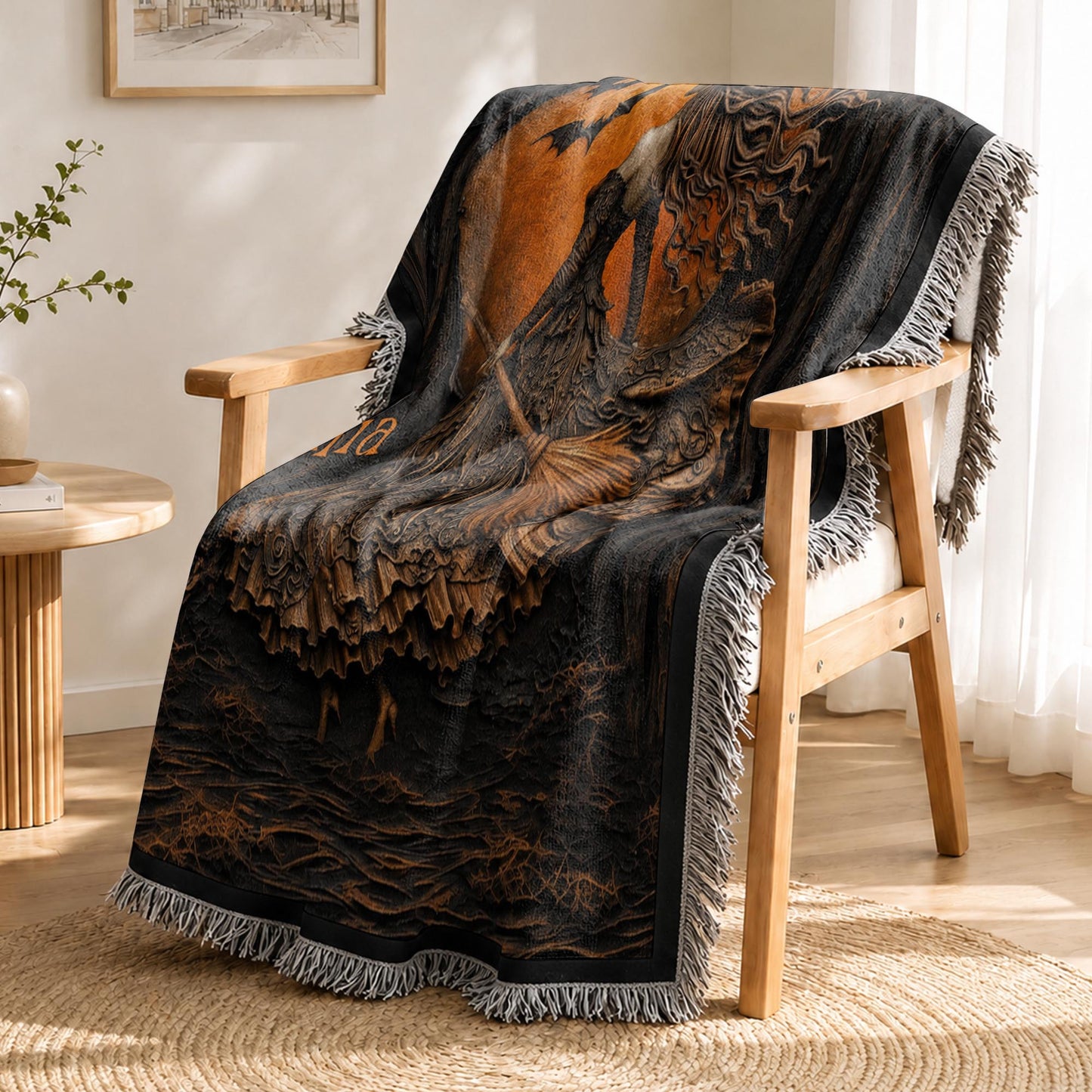 Mystical Witch Soaring Through The Moonlit Forest With Bats And Broomstick - Personalized Woven Blanket - HALW178_WOBLK