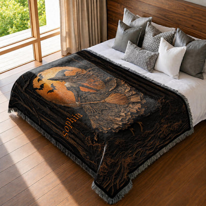 Mystical Witch Soaring Through The Moonlit Forest With Bats And Broomstick - Personalized Woven Blanket - HALW178_WOBLK