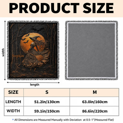Mystical Witch Soaring Through The Moonlit Forest With Bats And Broomstick - Personalized Woven Blanket - HALW178_WOBLK