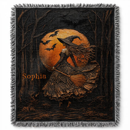 Mystical Witch Soaring Through The Moonlit Forest With Bats And Broomstick - Personalized Woven Blanket - HALW178_WOBLK