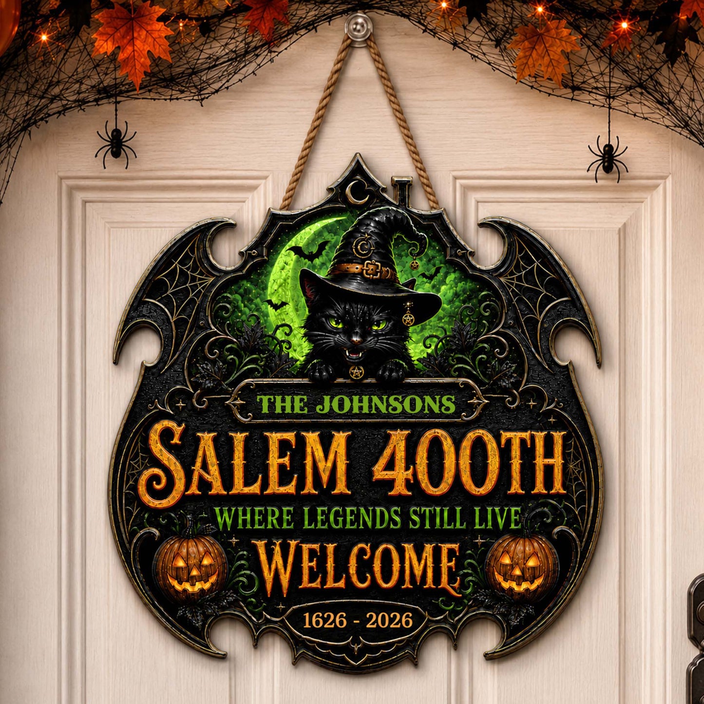 Salem Where Legends Still Live Welcome Black Cat And Pumpkin - Personalized Custom Shaped Wood Sign - HALW180_WSIGN