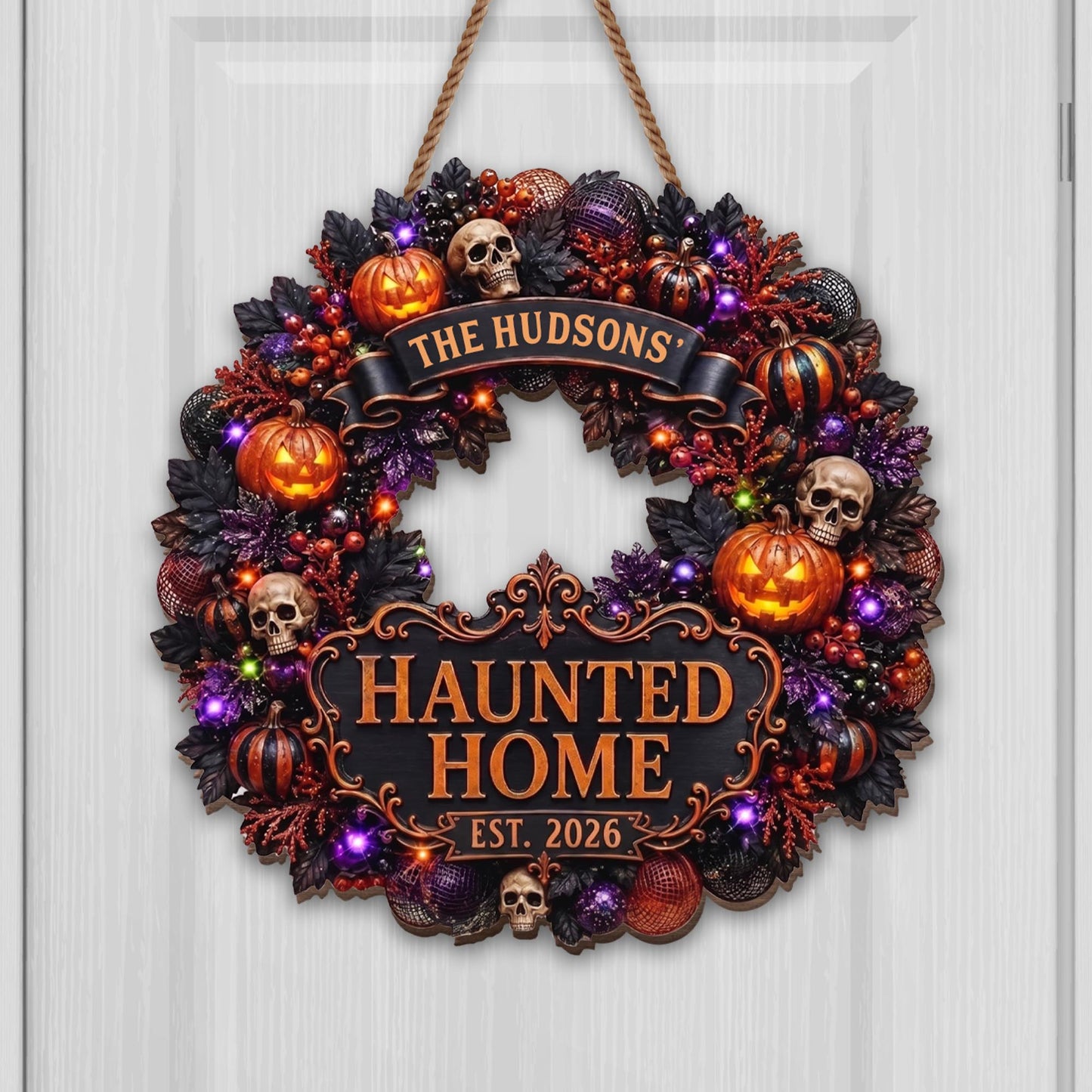 Haunted Home Halloween Wreath With Pumpkins And Skulls - Personalized Custom Shaped Wood Sign - HALW186_WSIGN