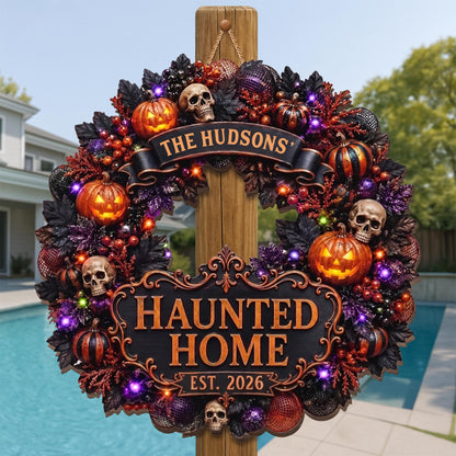 Haunted Home Halloween Wreath With Pumpkins And Skulls - Personalized Custom Shaped Wood Sign - HALW186_WSIGN
