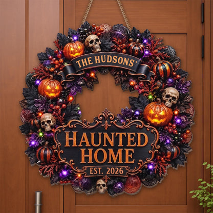 Haunted Home Halloween Wreath With Pumpkins And Skulls - Personalized Custom Shaped Wood Sign - HALW186_WSIGN