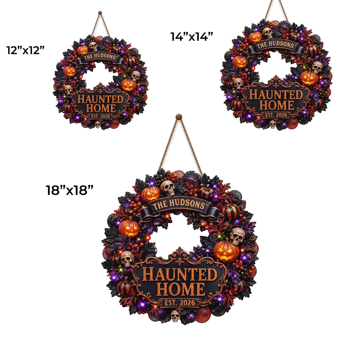 Haunted Home Halloween Wreath With Pumpkins And Skulls - Personalized Custom Shaped Wood Sign - HALW186_WSIGN