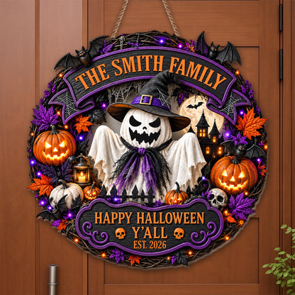 The Family Happy Halloween Y'all Ghost Pumpkin And Bats Wreath - Personalized Custom Shaped Wood Sign - HALW222_WSIGN
