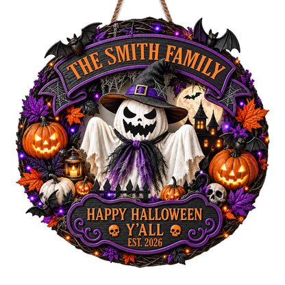 The Family Happy Halloween Y'all Ghost Pumpkin And Bats Wreath - Personalized Custom Shaped Wood Sign - HALW222_WSIGN