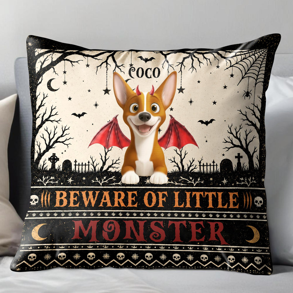 Beware Of Little Woofster Funny Halloween Dog With Bat Wings - Personalized Custom Pillow, Insert Included - HALW237_PLW