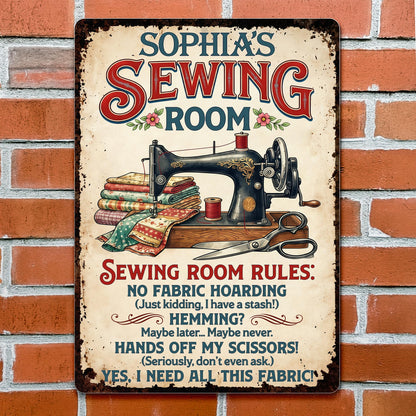 Sewing Room Rules With Vintage Sewing Machine And Fabric