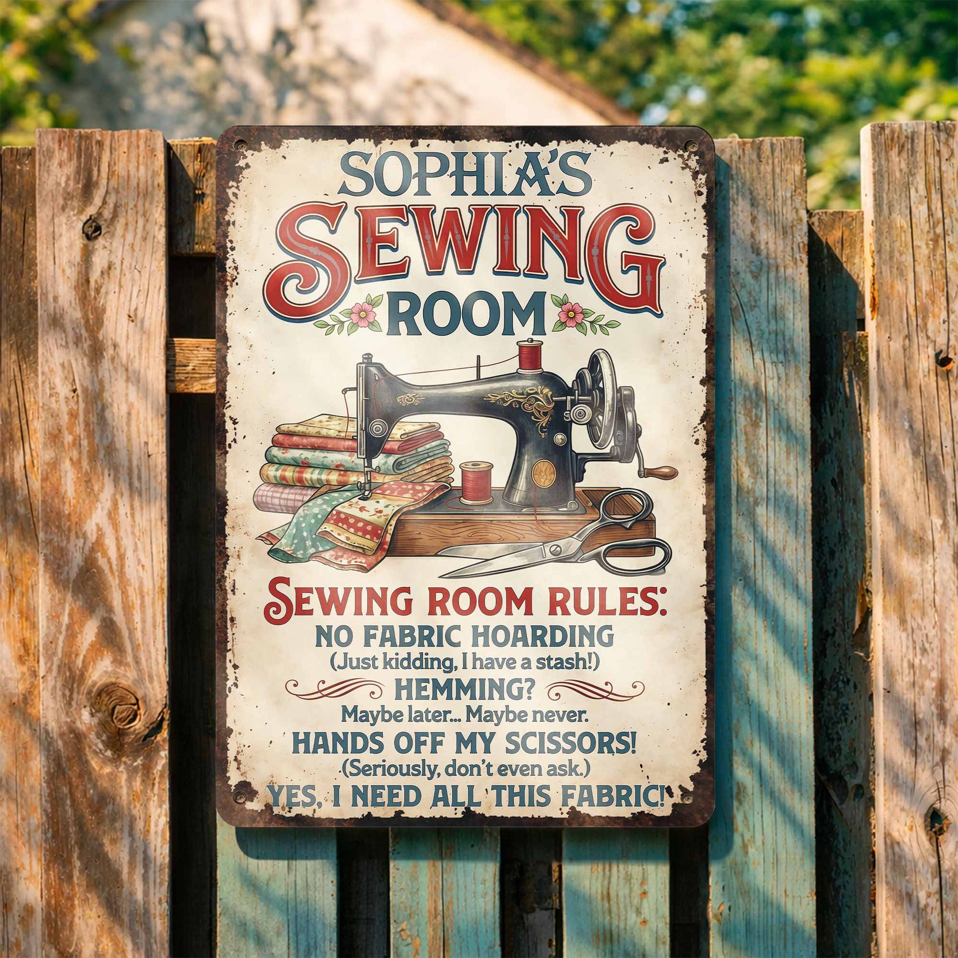 Sewing Room Rules With Vintage Sewing Machine And Fabric