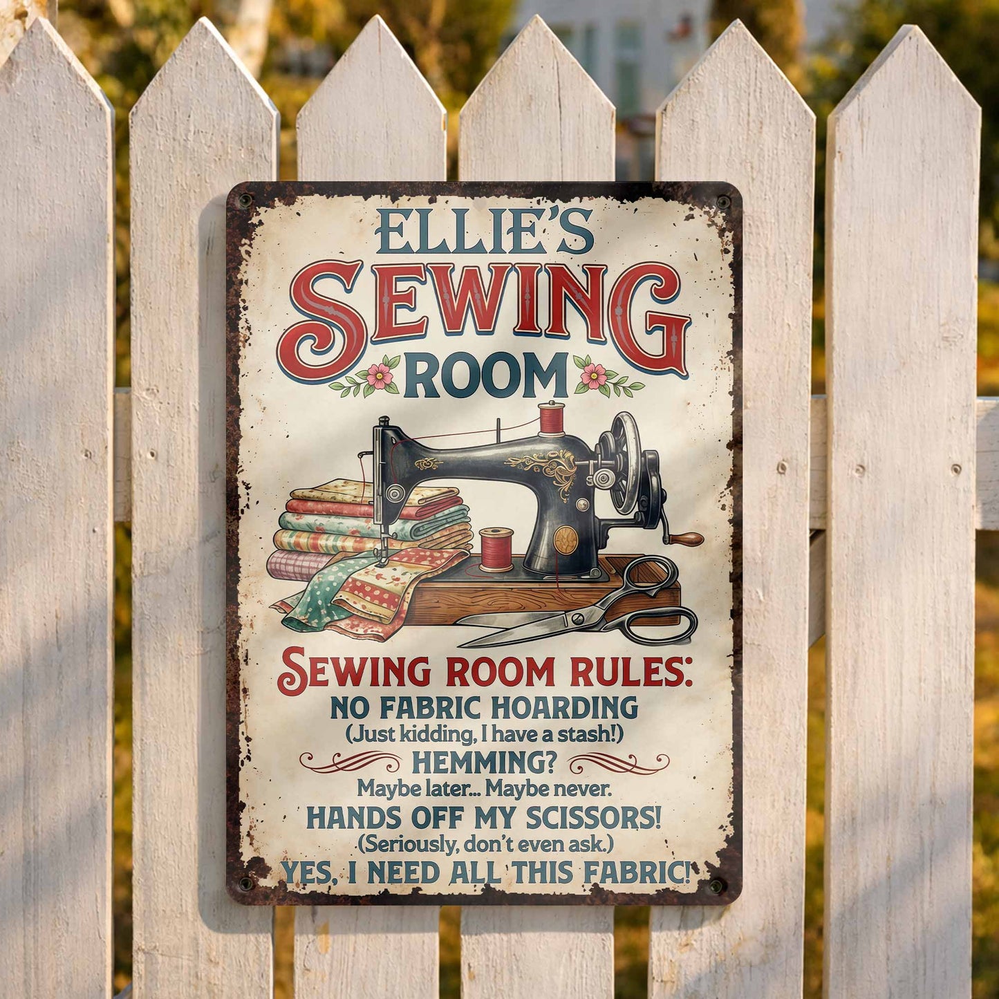 Sewing Room Rules With Vintage Sewing Machine And Fabric