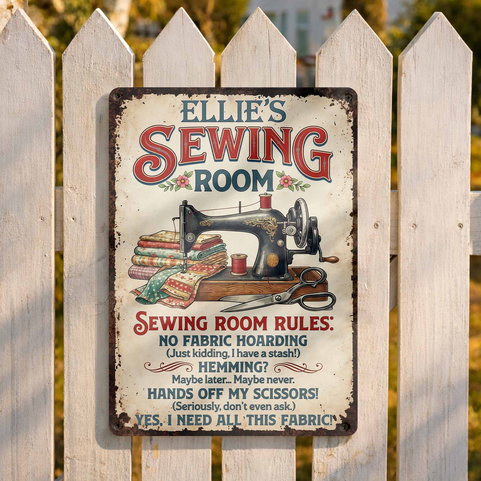 Sewing Room Rules With Vintage Sewing Machine And Fabric