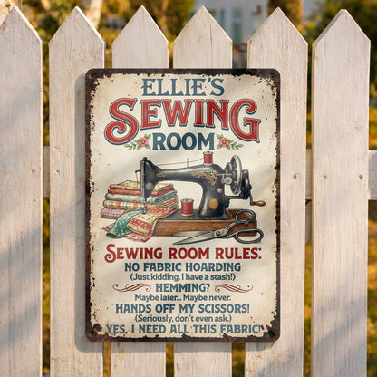 Sewing Room Rules With Vintage Sewing Machine And Fabric