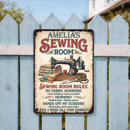 Sewing Room Rules With Vintage Sewing Machine And Fabric