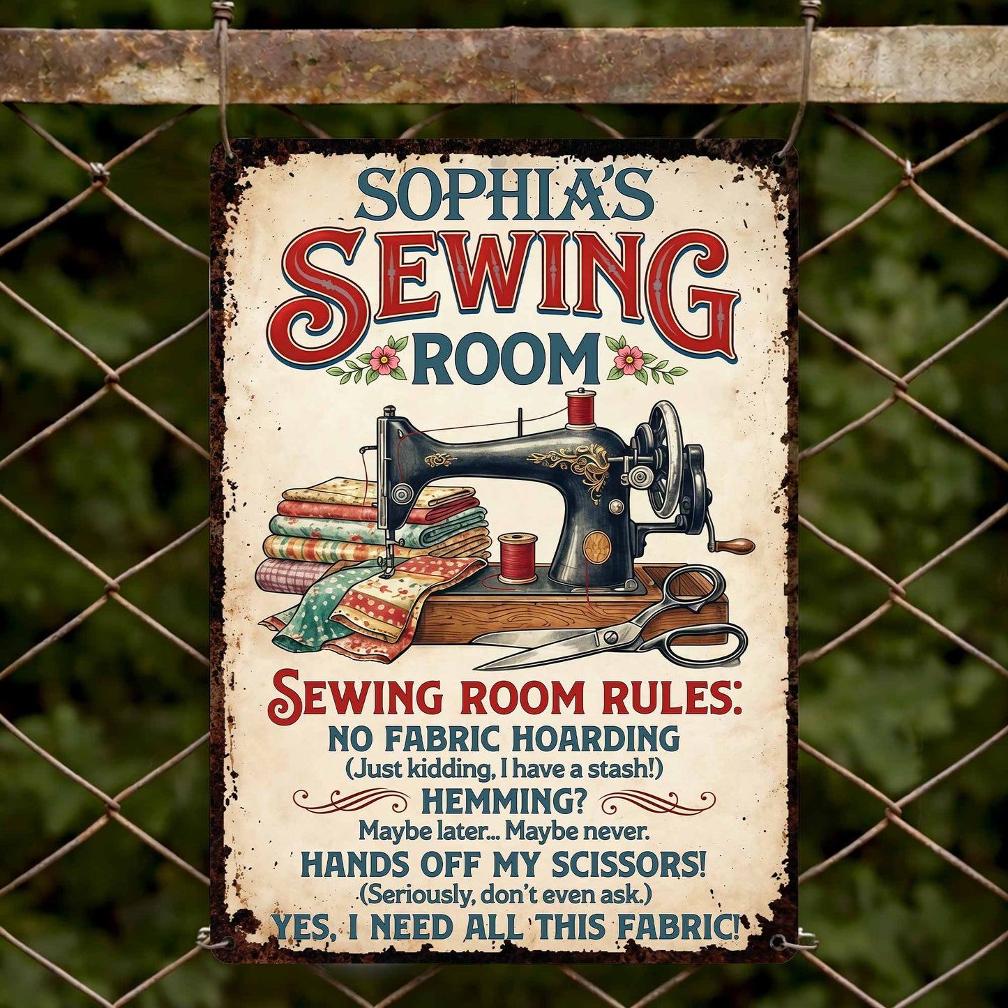 Sewing Room Rules With Vintage Sewing Machine And Fabric