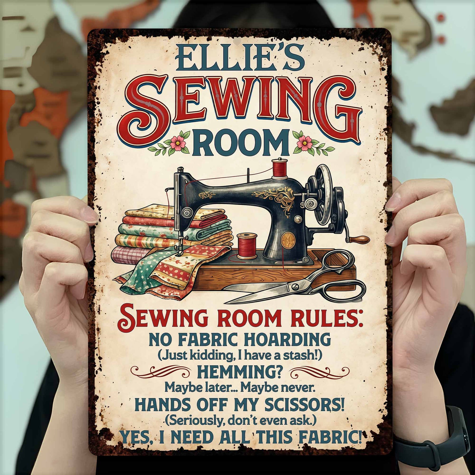 Sewing Room Rules With Vintage Sewing Machine And Fabric