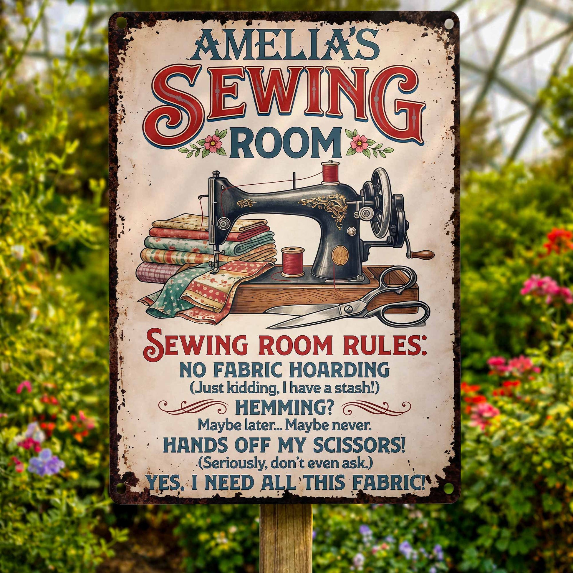 Sewing Room Rules With Vintage Sewing Machine And Fabric