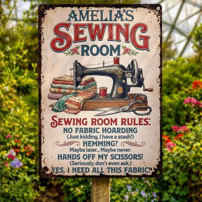 Sewing Room Rules With Vintage Sewing Machine And Fabric