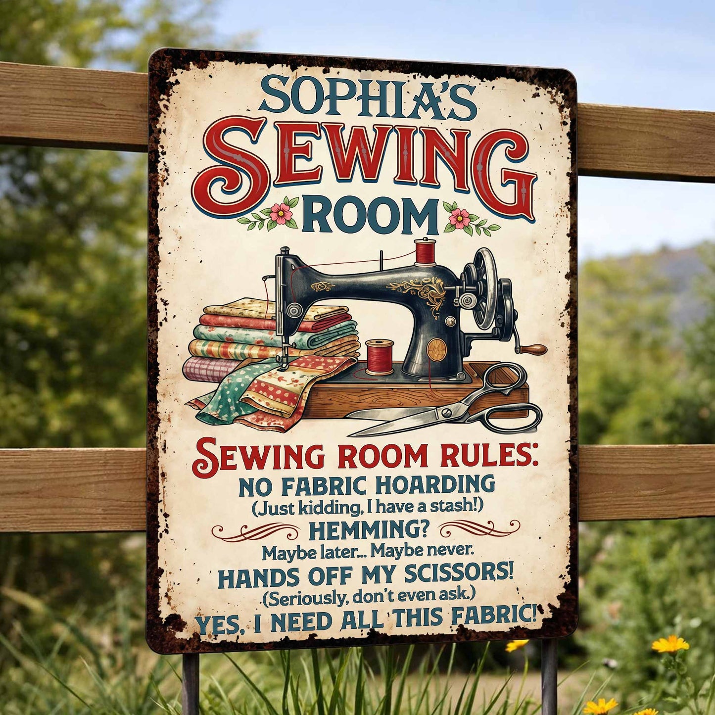Sewing Room Rules With Vintage Sewing Machine And Fabric