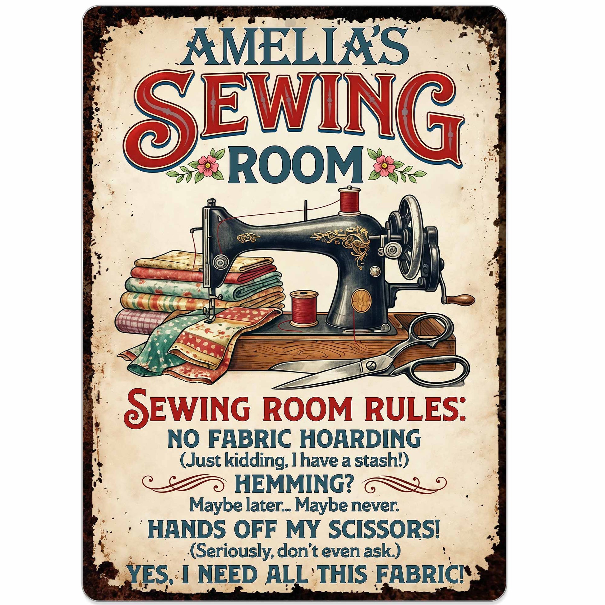 Sewing Room Rules With Vintage Sewing Machine And Fabric