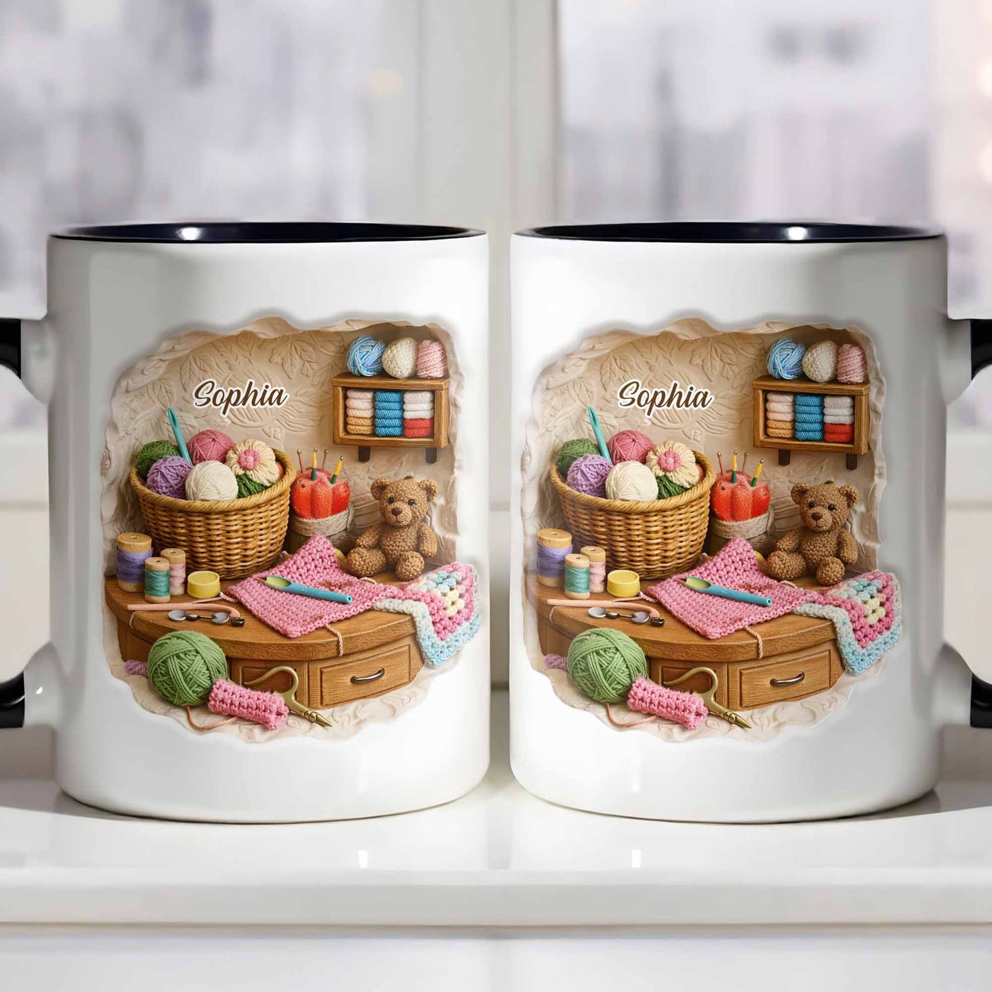 Customizable Crafting Essentials Mug with Yarn and Sewing Items