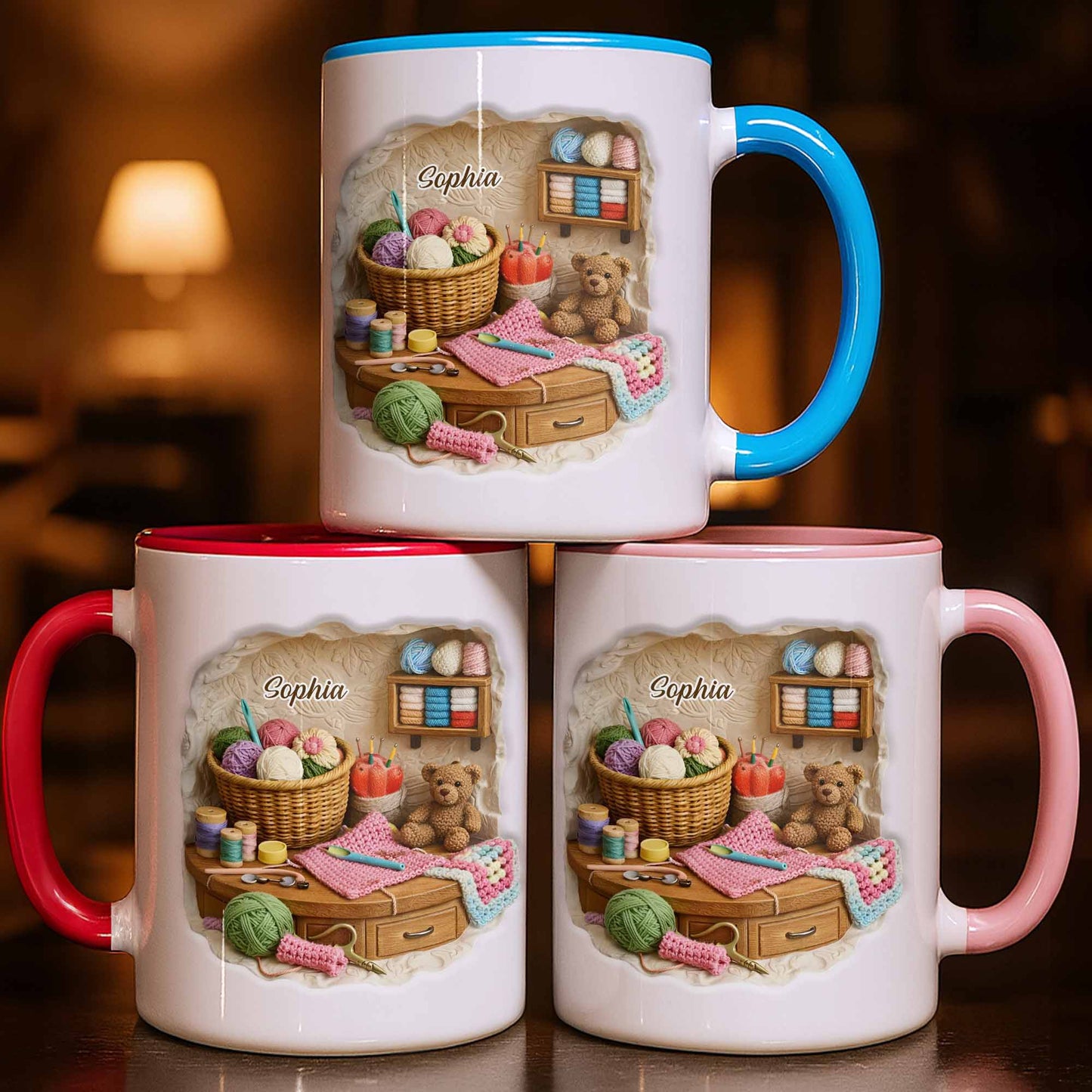 Customizable Crafting Essentials Mug with Yarn and Sewing Items