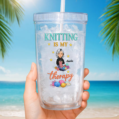 Knitting Is My Therapy, Yarn And Basket Design - Personalized Custom Plastic Tumbler - HAND013_PTUM