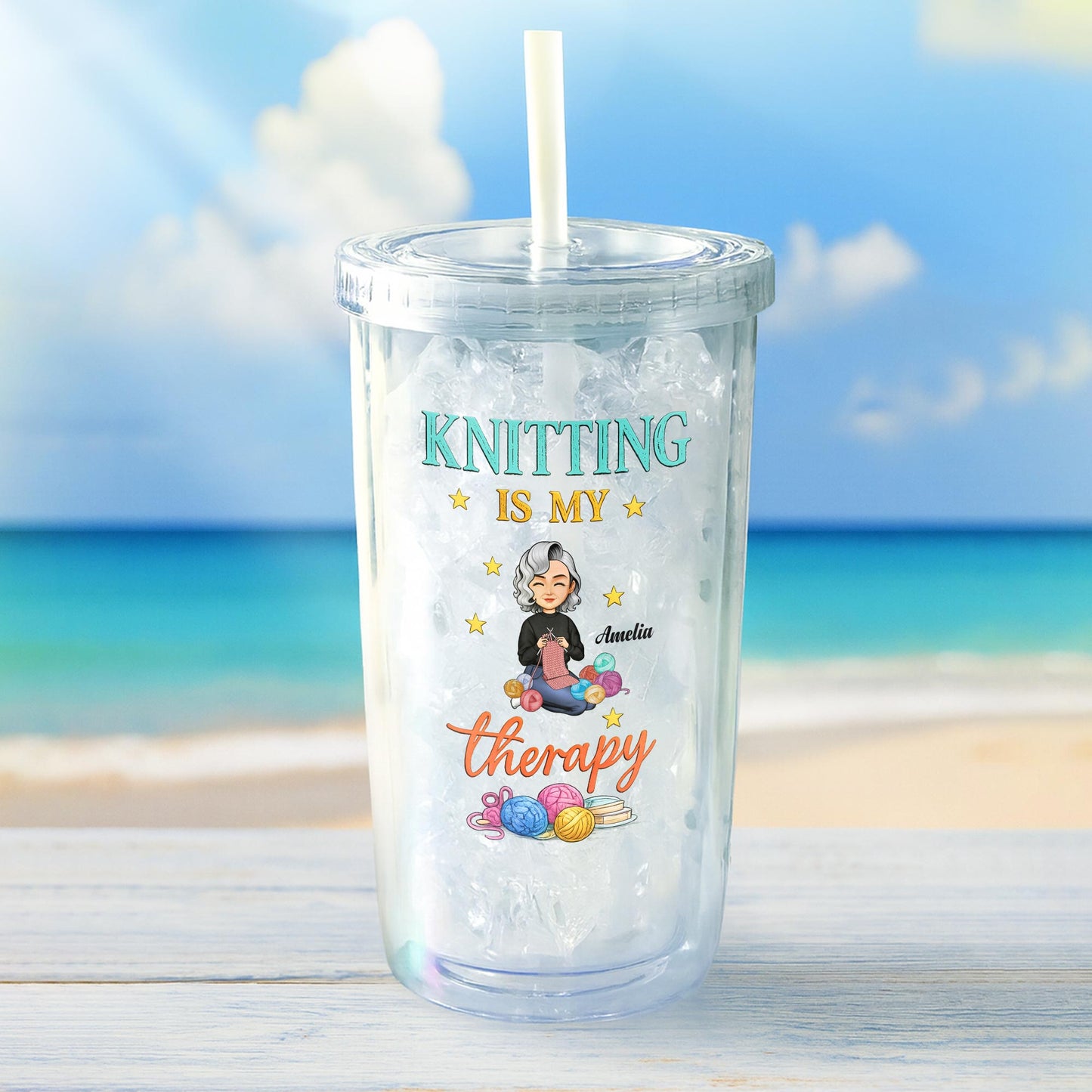 Knitting Is My Therapy, Yarn And Basket Design - Personalized Custom Plastic Tumbler - HAND013_PTUM