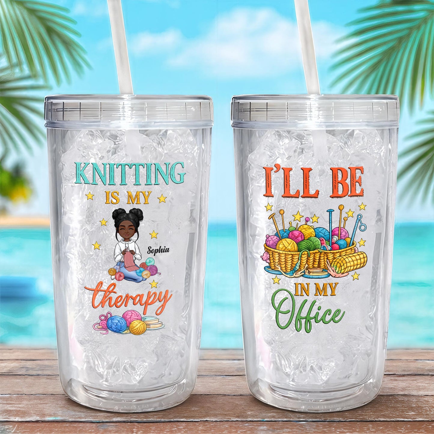 Knitting Is My Therapy, Yarn And Basket Design - Personalized Custom Plastic Tumbler - HAND013_PTUM