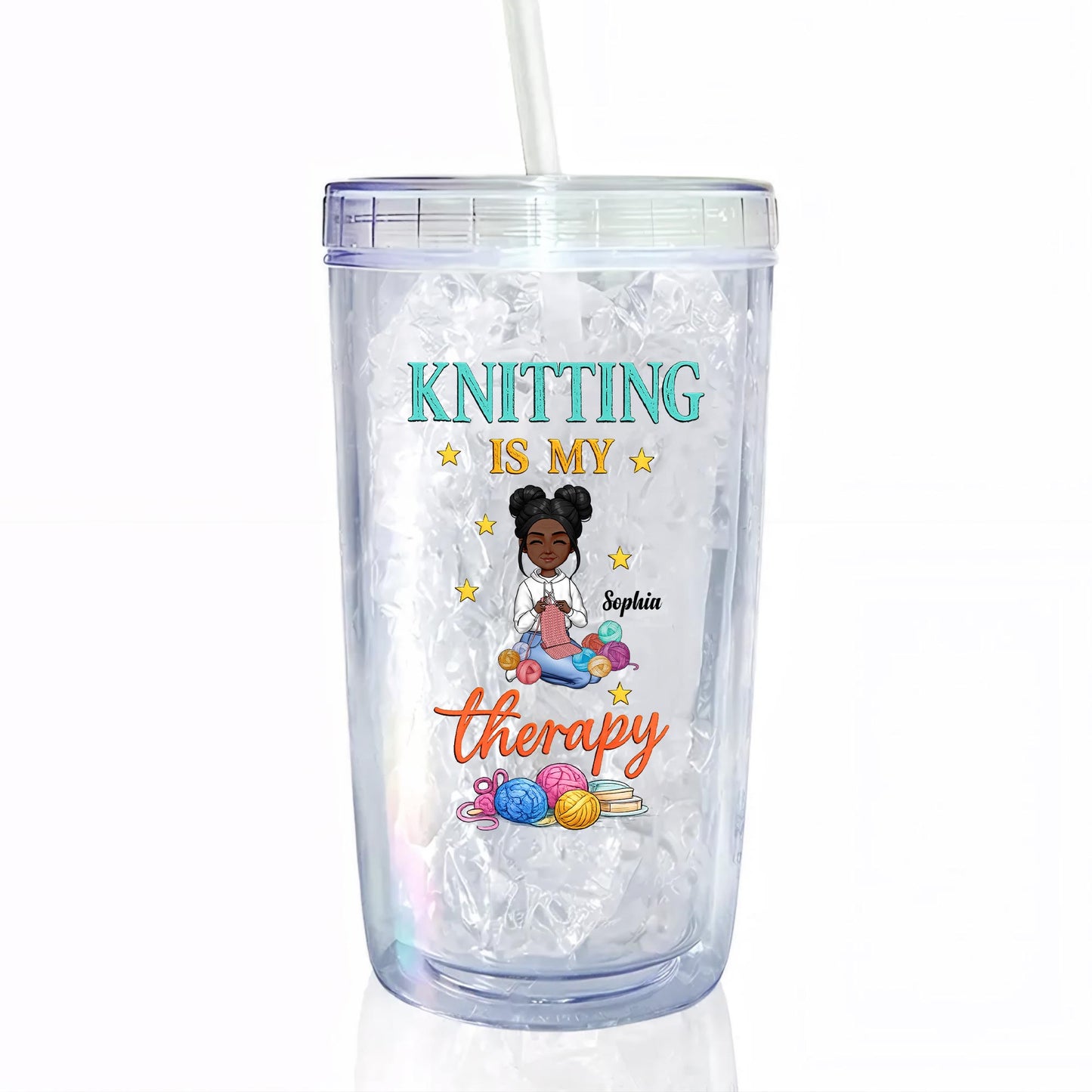 Knitting Is My Therapy, Yarn And Basket Design - Personalized Custom Plastic Tumbler - HAND013_PTUM