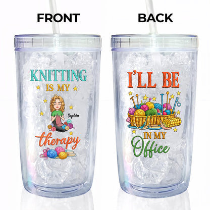 Knitting Is My Therapy, Yarn And Basket Design - Personalized Custom Plastic Tumbler - HAND013_PTUM