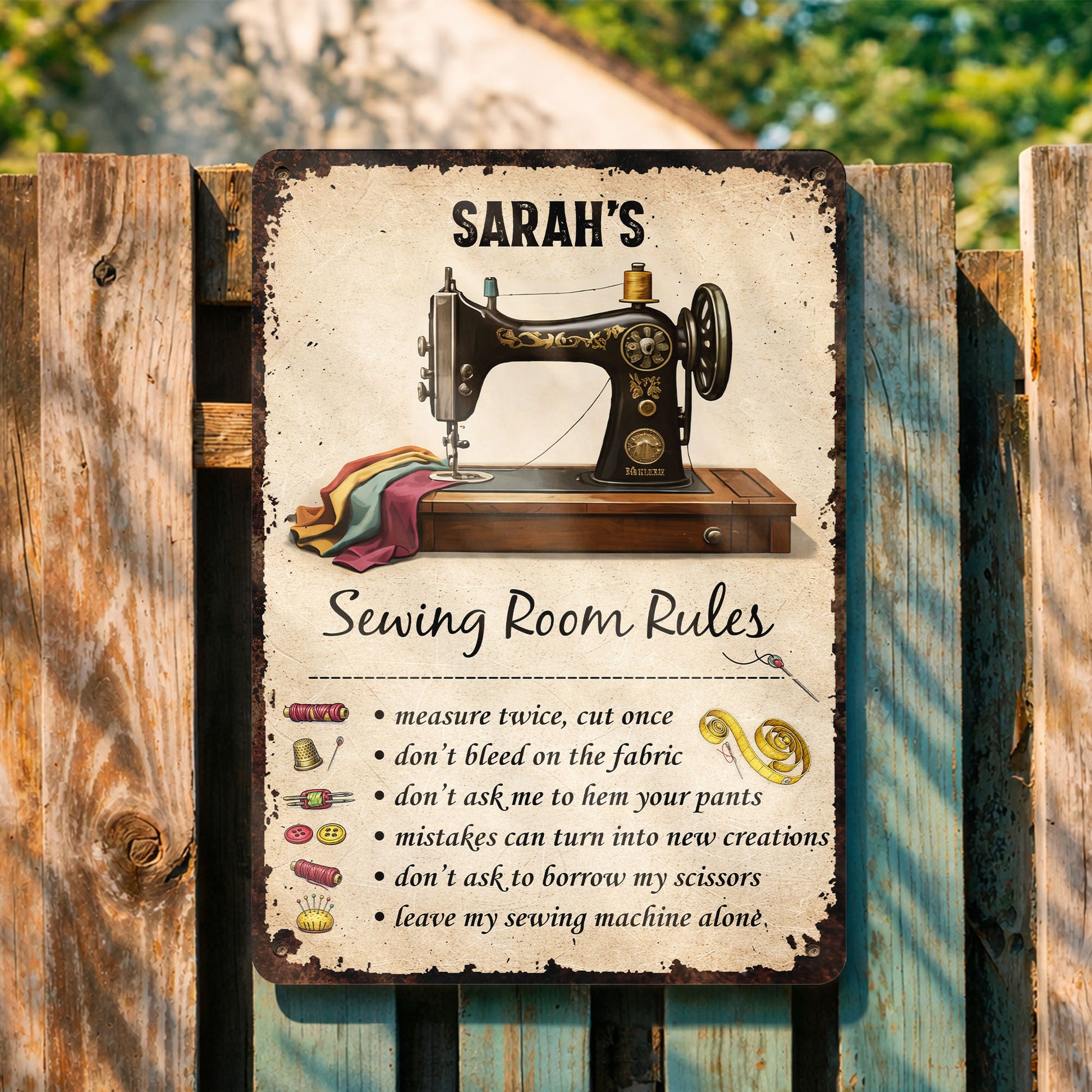 Sewing Room Rules With Vintage Sewing Machine And Tailor Tools