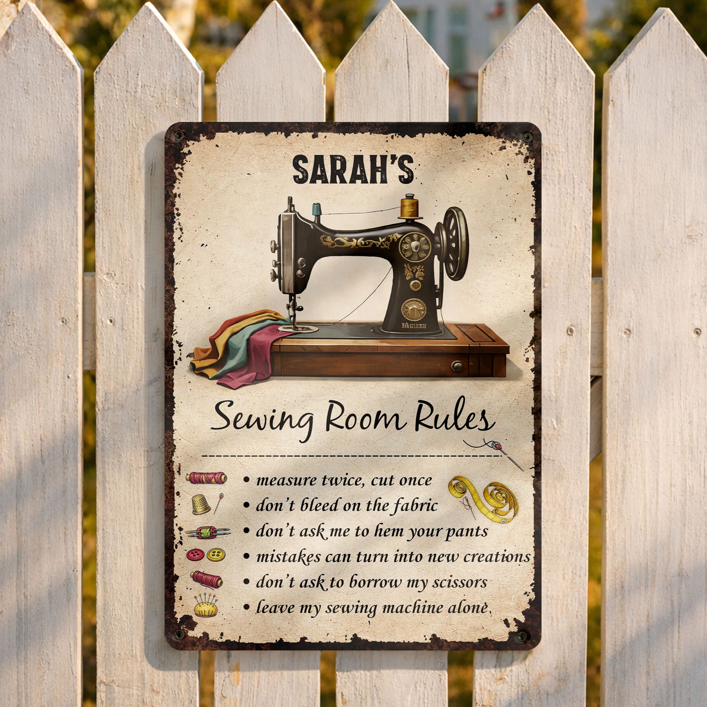 Sewing Room Rules With Vintage Sewing Machine And Tailor Tools