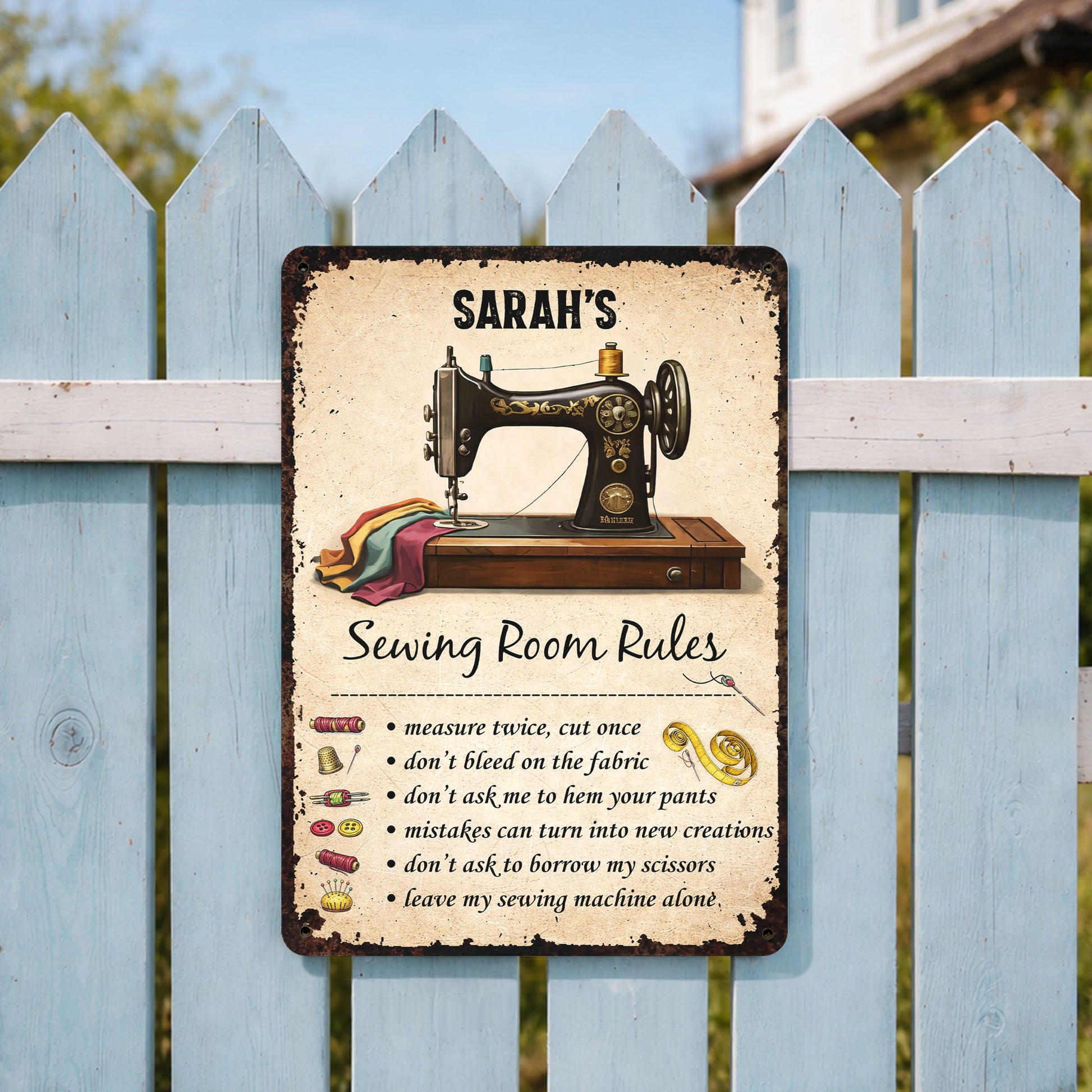 Sewing Room Rules With Vintage Sewing Machine And Tailor Tools