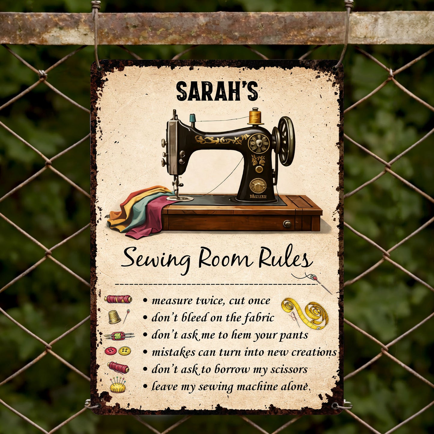 Sewing Room Rules With Vintage Sewing Machine And Tailor Tools