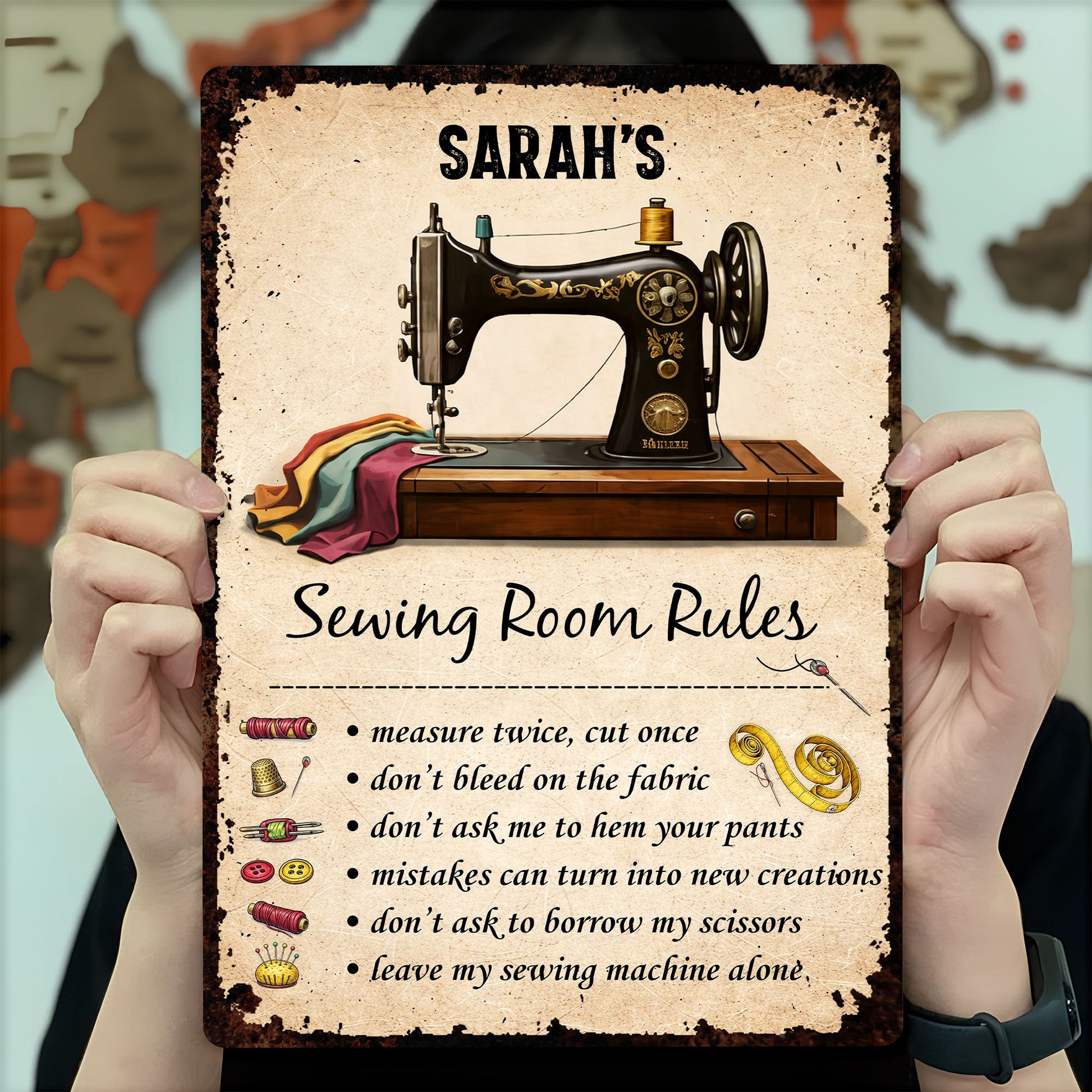 Sewing Room Rules With Vintage Sewing Machine And Tailor Tools