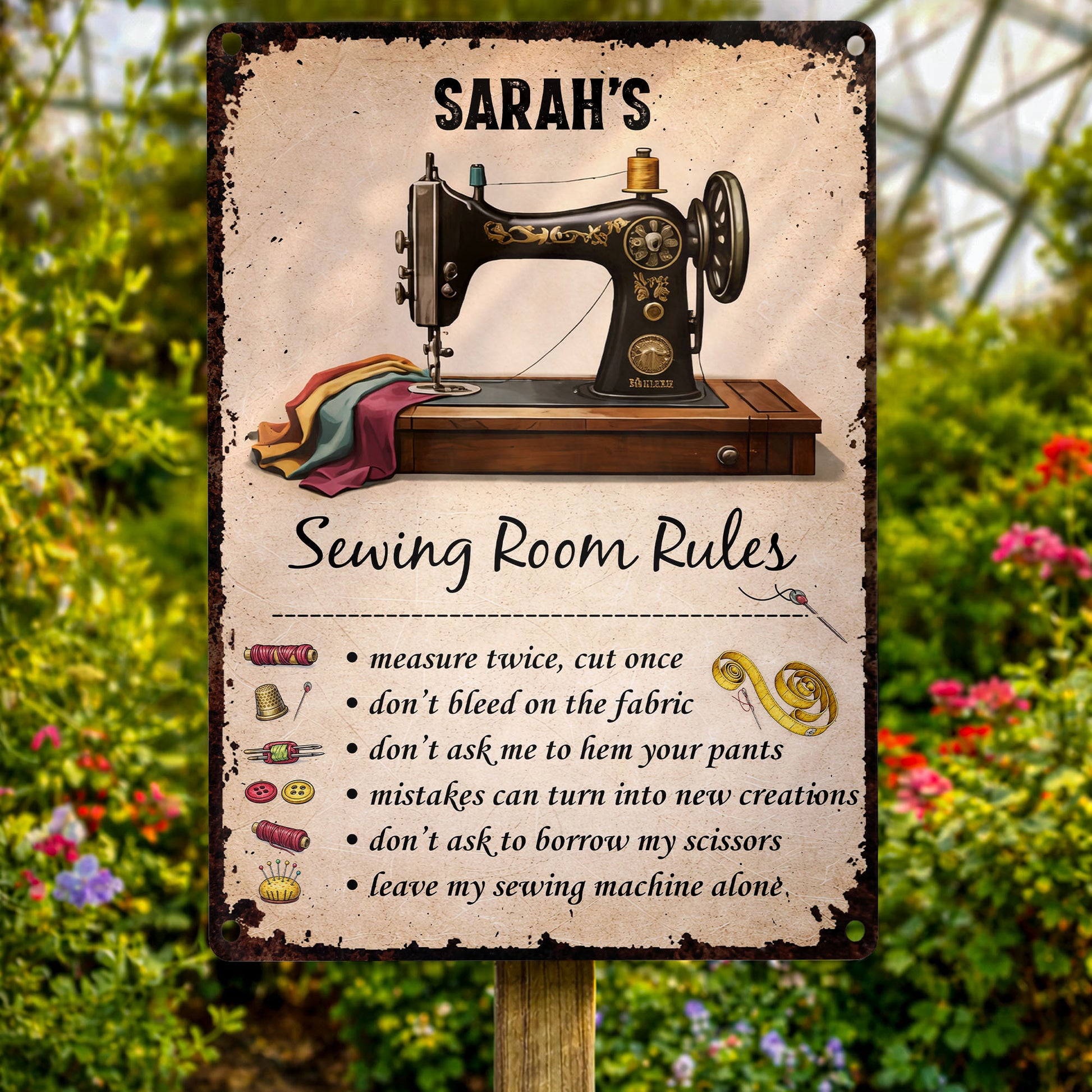 Sewing Room Rules With Vintage Sewing Machine And Tailor Tools