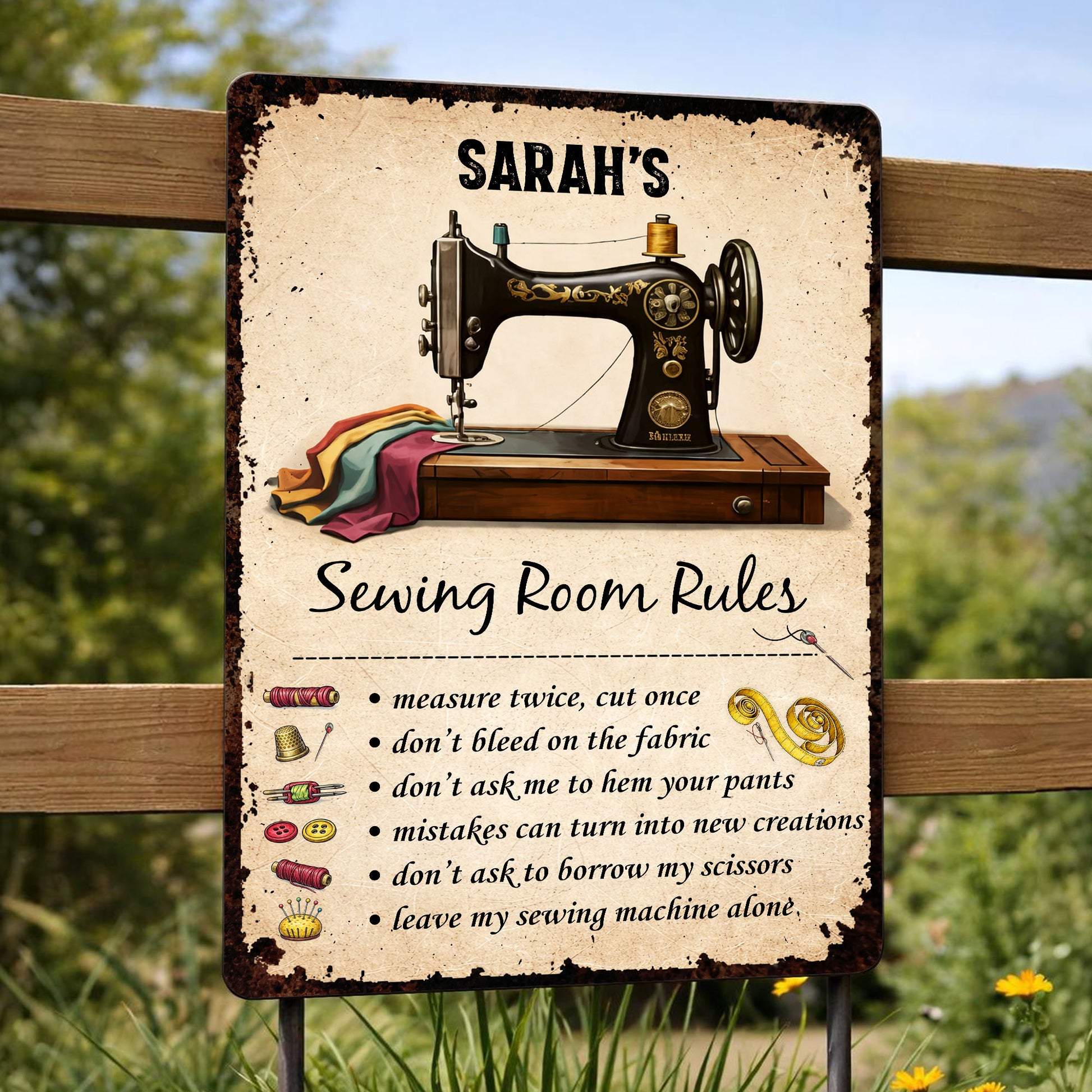 Sewing Room Rules With Vintage Sewing Machine And Tailor Tools