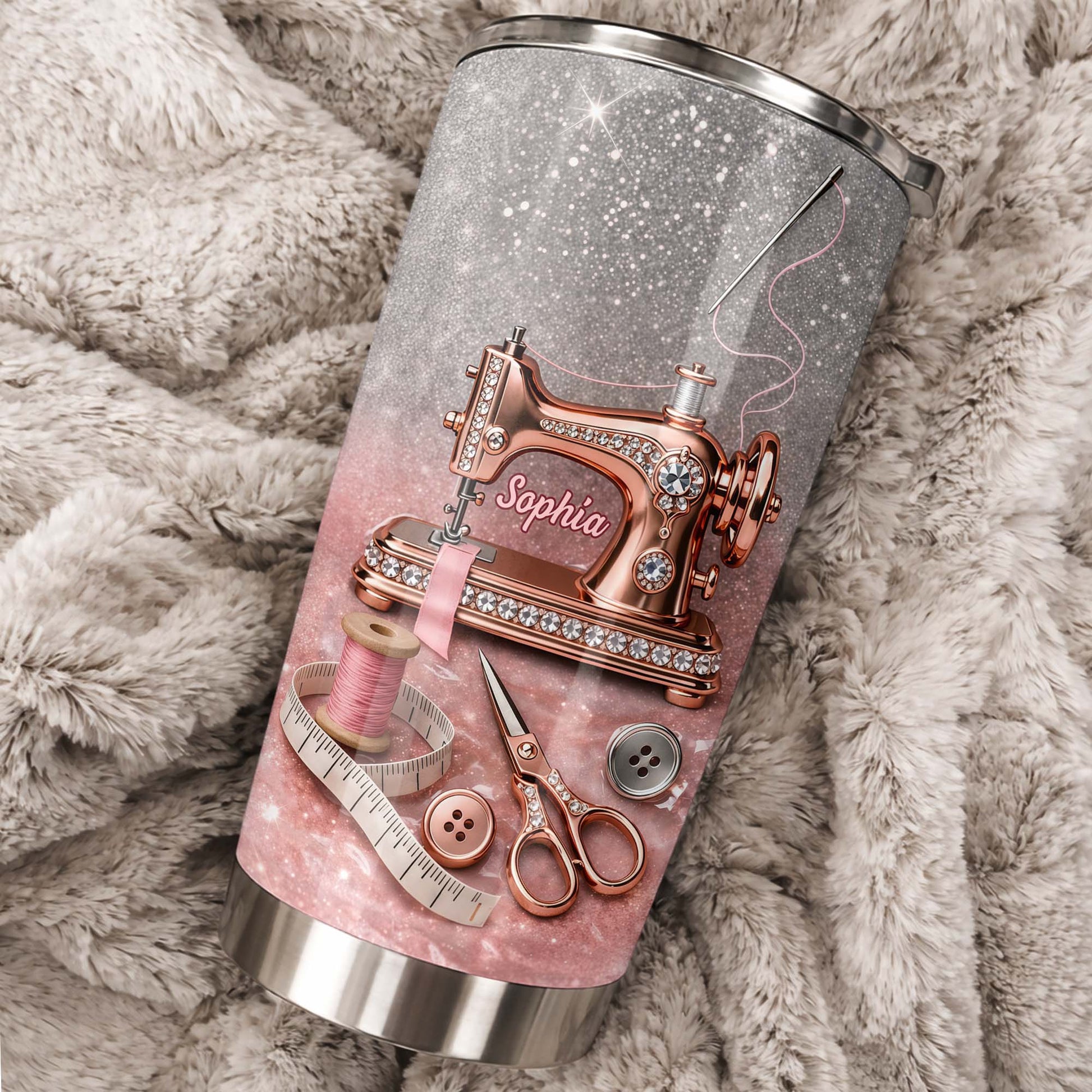 Vintage Sewing Machine and Tailor Tools With Glitter Background