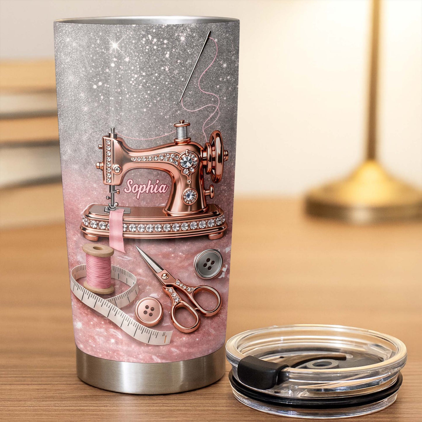 Vintage Sewing Machine and Tailor Tools With Glitter Background