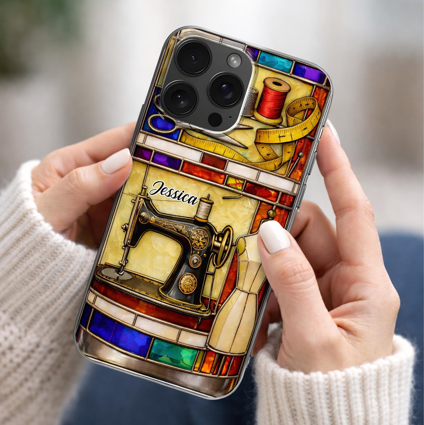 Passion For Sewing Vintage Machine And Mannequin Stained Glass Design