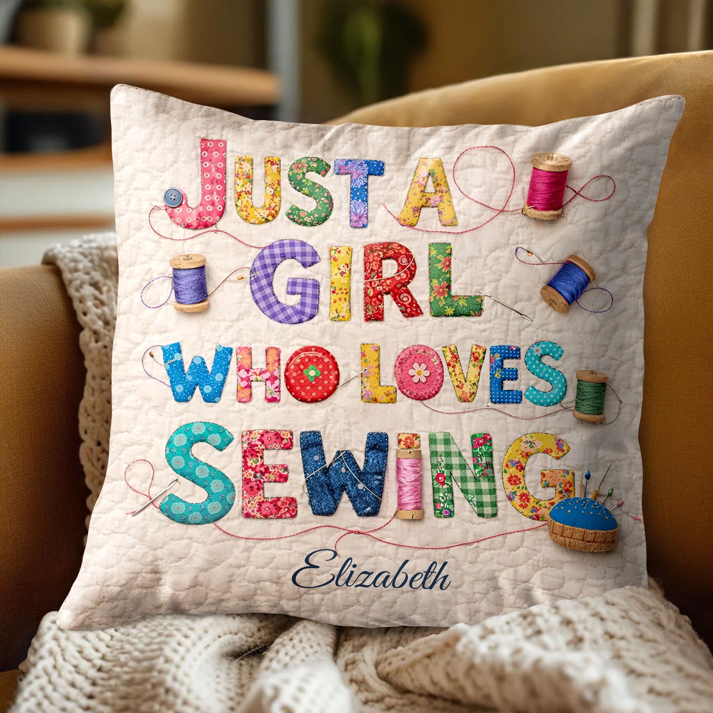 Just A Girl Who Loves Sewing Spools And Patchwork Letters