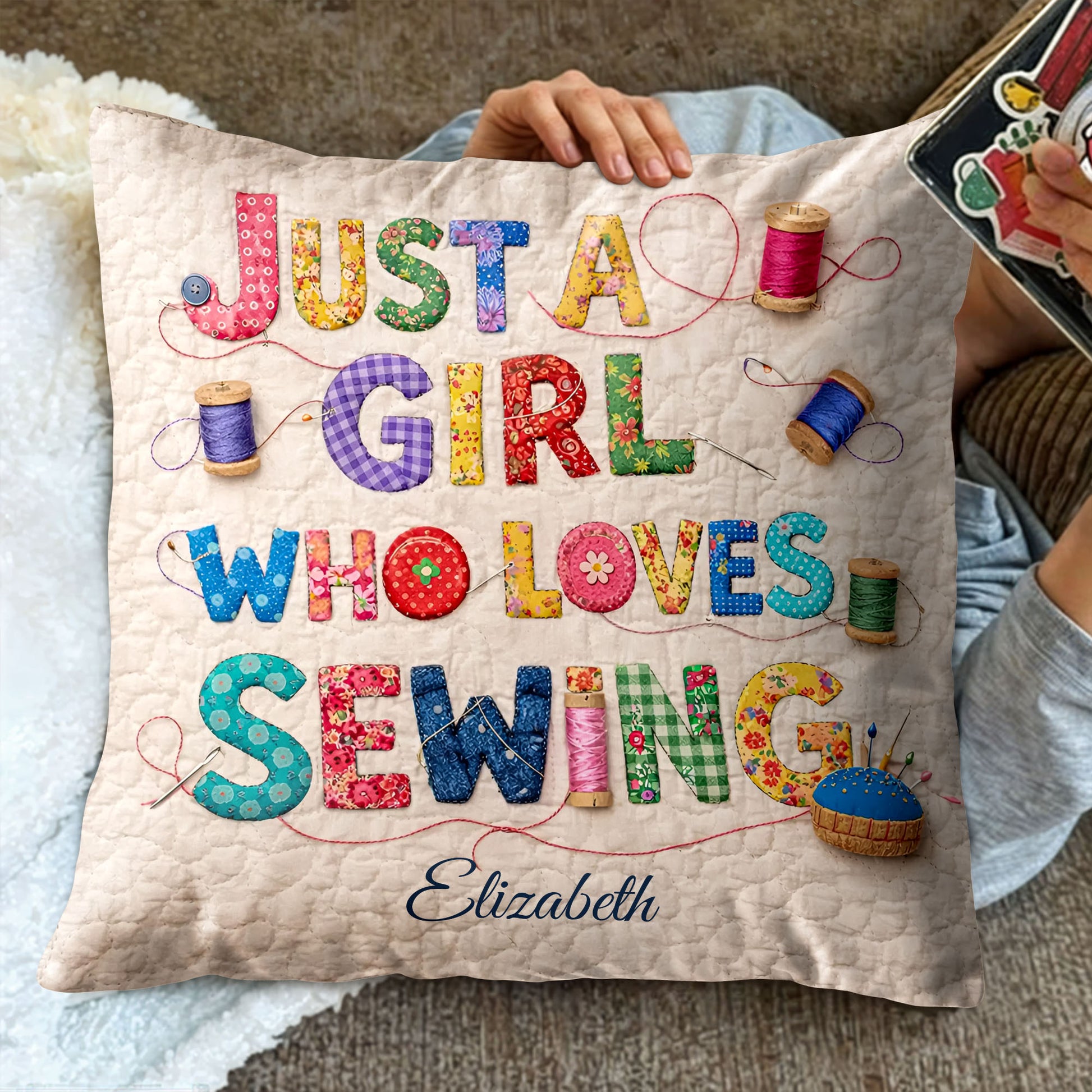 Just A Girl Who Loves Sewing Spools And Patchwork Letters