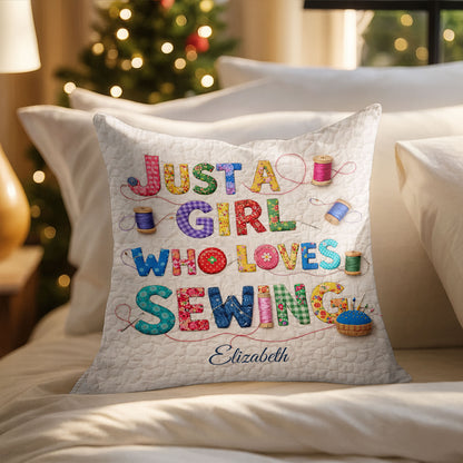 Just A Girl Who Loves Sewing Spools And Patchwork Letters