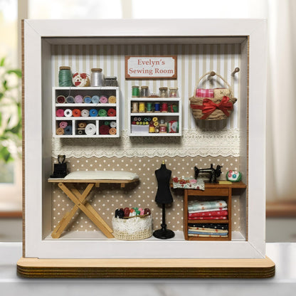 My Sewing Room With Miniature Sewing Machine And Thread Spools