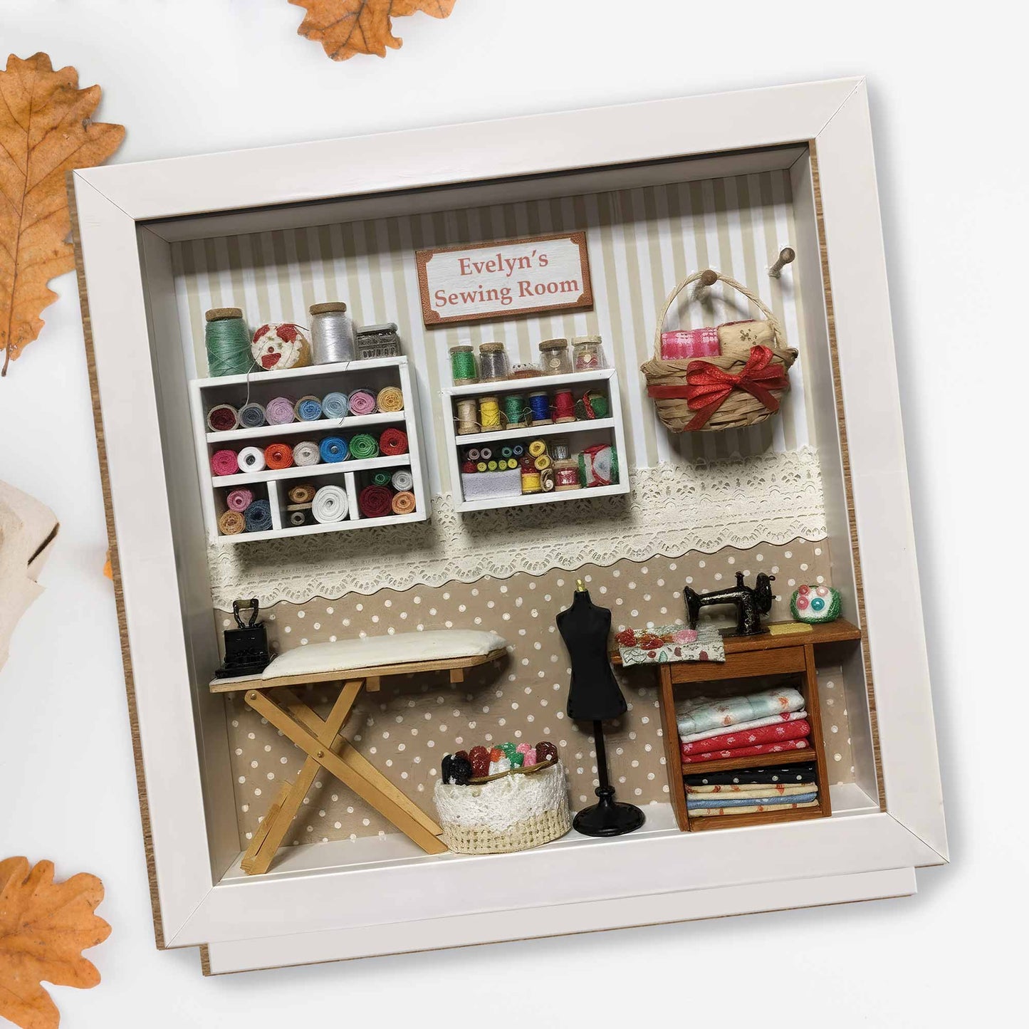 My Sewing Room With Miniature Sewing Machine And Thread Spools