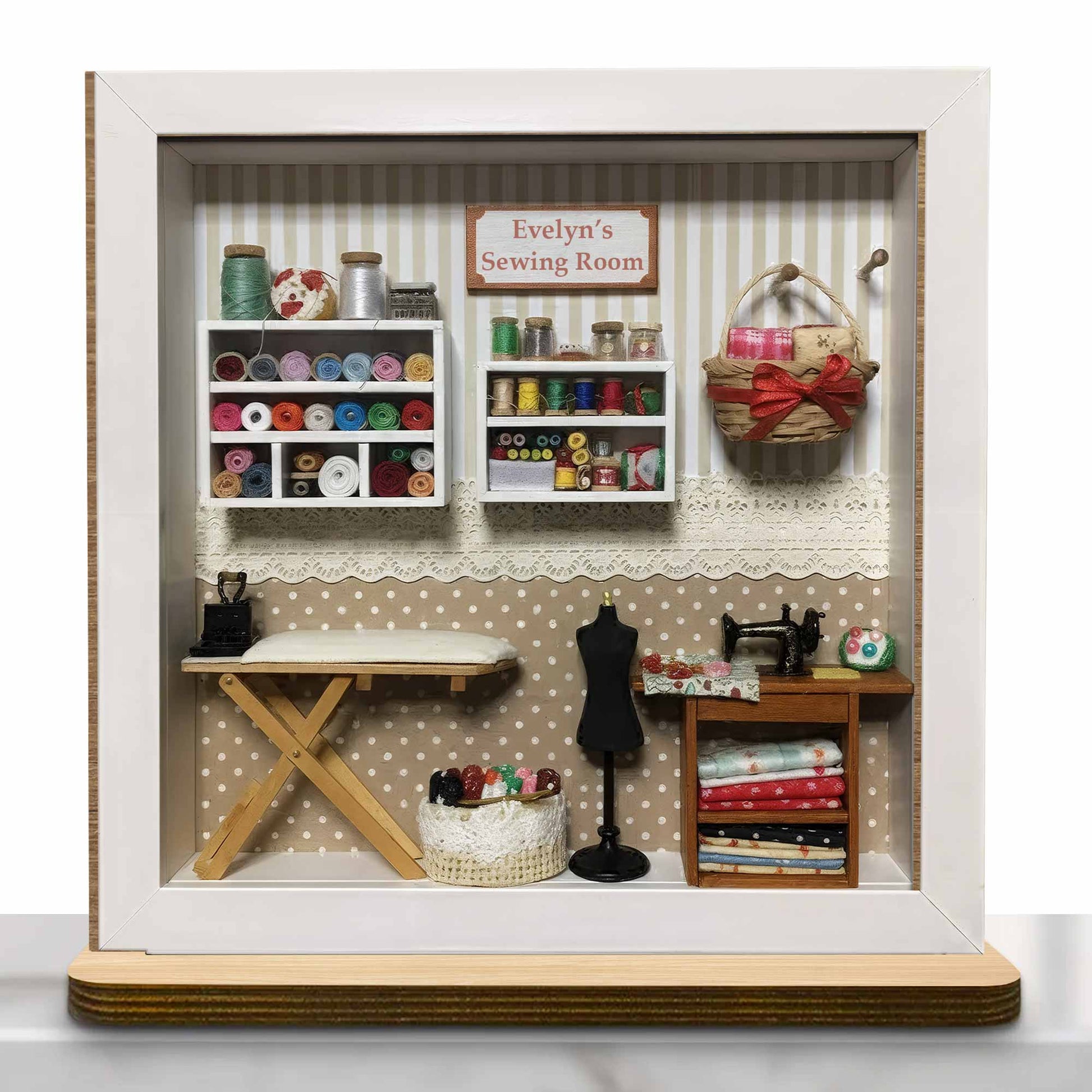 My Sewing Room With Miniature Sewing Machine And Thread Spools