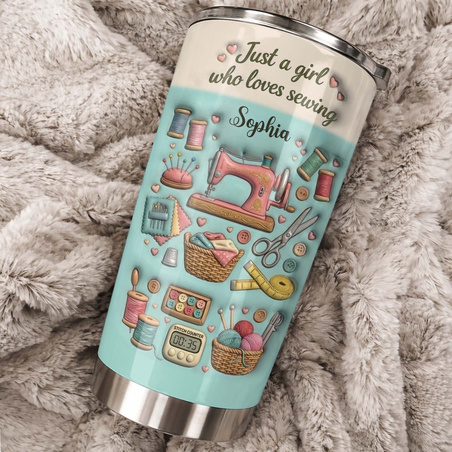 Just A Girl Who Loves Sewing With Sewing Machine And Thread Spools